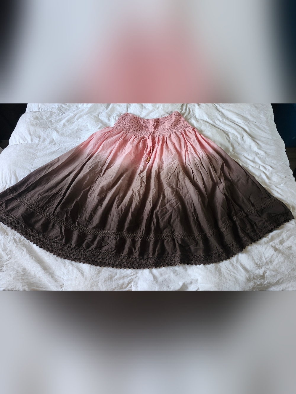 Lapis Ombre Pink-to-Brown Maxi Skirt With Crochet Trim